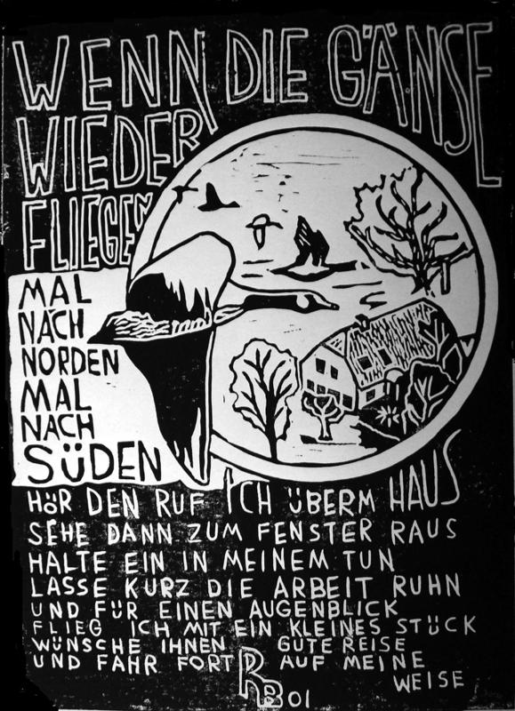 Linoldruck „Wenn die Gänse...“