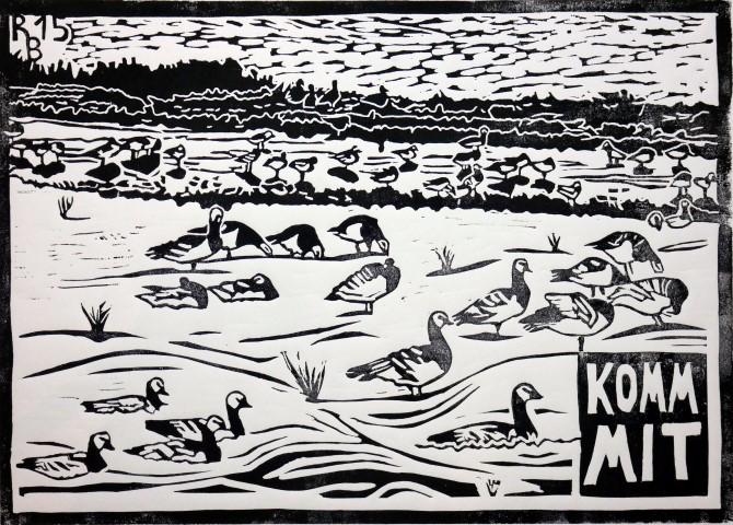 Linoldruck „Komm mit“