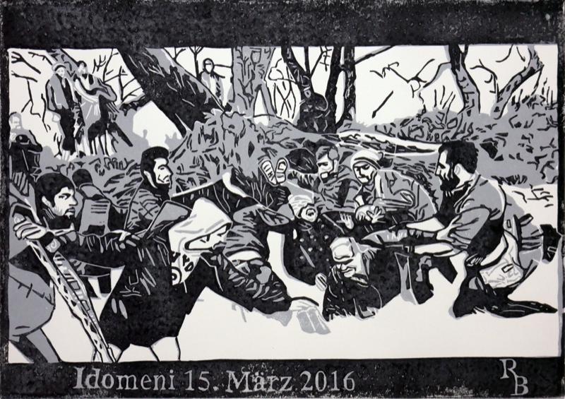 Linoldruck „Idomeni 15. März 2016“