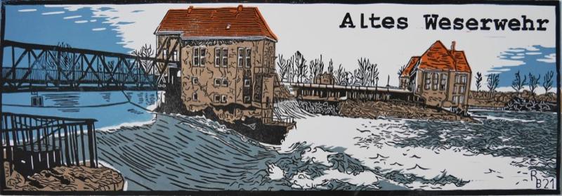 Linoldruck „Altes Weserwehr“